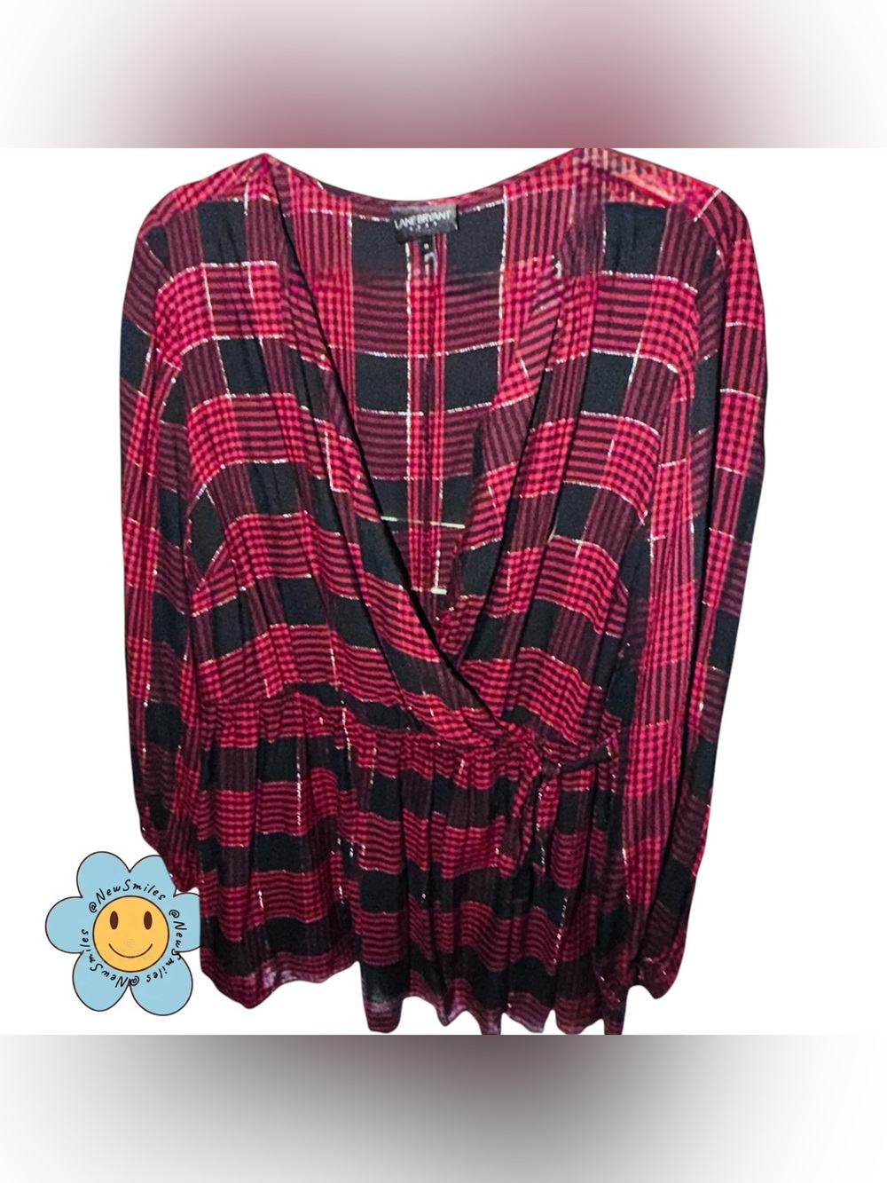 Lane Bryant ~ Long Sleeve Blouse ~ Red & Black & Silver Plaid ~ Faux Wrap Around